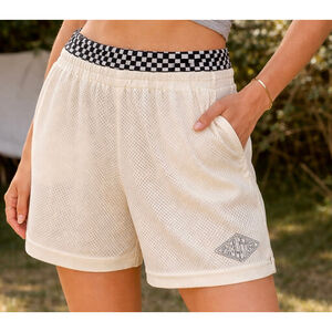 Fabletics Aisha Women’s L Cream Mesh Basketball Gym Shorts Checkered Athletic